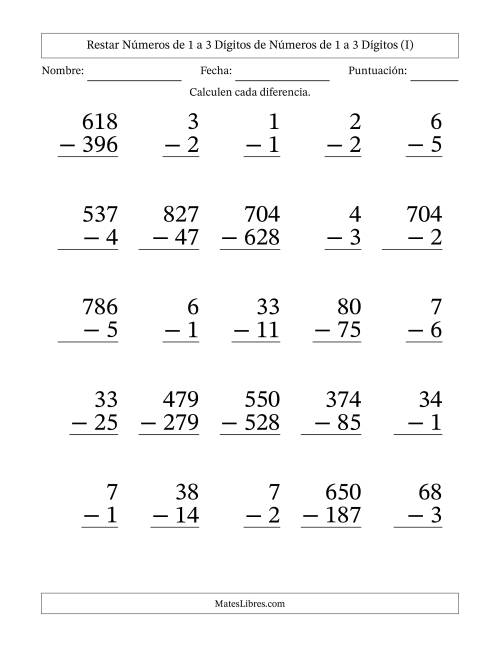 La hoja de ejercicios de Restar números de 1 a 3 dígitos de números de 1 a 3 dígitos, con acarreo en algunas preguntas (25 preguntas) - Formato Grande (I)