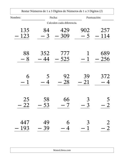 La hoja de ejercicios de Restar números de 1 a 3 dígitos de números de 1 a 3 dígitos, con acarreo en algunas preguntas (25 preguntas) - Formato Grande (J)