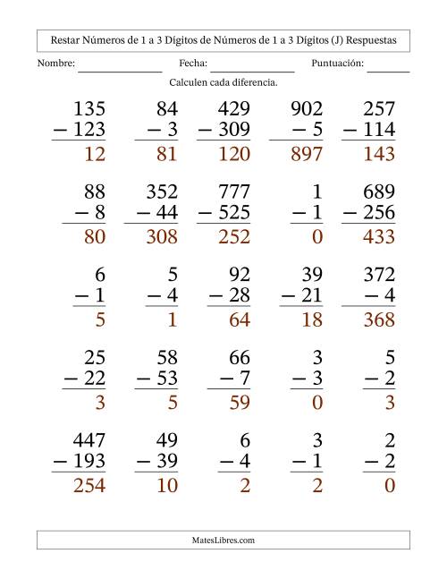 La hoja de ejercicios de Restar números de 1 a 3 dígitos de números de 1 a 3 dígitos, con acarreo en algunas preguntas (25 preguntas) - Formato Grande (J) Página 2