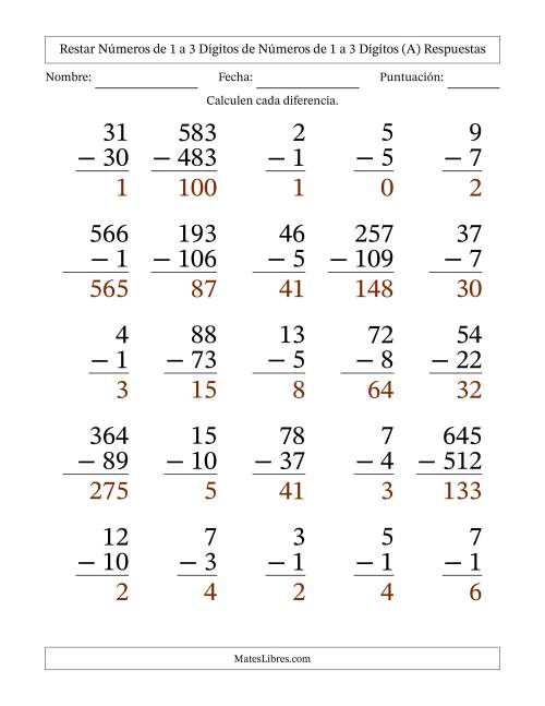 La hoja de ejercicios de Restar números de 1 a 3 dígitos de números de 1 a 3 dígitos, con acarreo en algunas preguntas (25 preguntas) - Formato Grande (Todas) Página 2