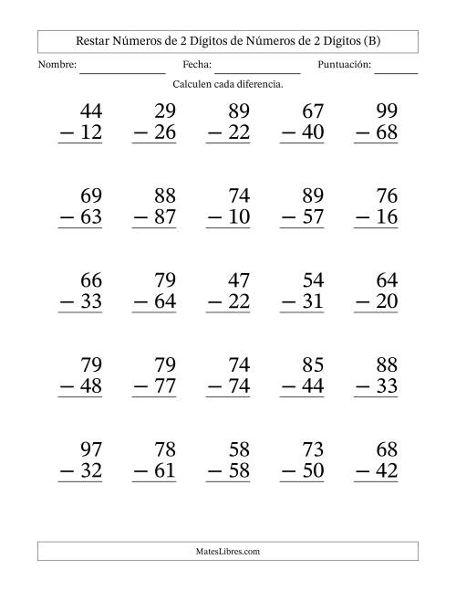 La hoja de ejercicios de Restar números de 2 dígitos de números de 2 dígitos, sin acarreo (25 preguntas) - Formato Grande (B)
