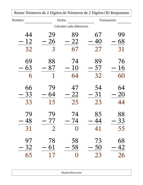 La hoja de ejercicios de Restar números de 2 dígitos de números de 2 dígitos, sin acarreo (25 preguntas) - Formato Grande (B) Página 2