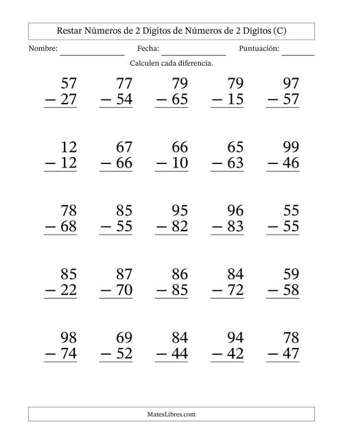 La hoja de ejercicios de Restar números de 2 dígitos de números de 2 dígitos, sin acarreo (25 preguntas) - Formato Grande (C)