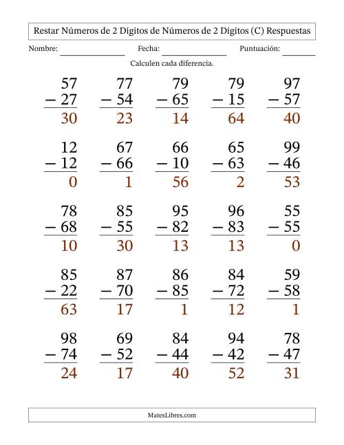 La hoja de ejercicios de Restar números de 2 dígitos de números de 2 dígitos, sin acarreo (25 preguntas) - Formato Grande (C) Página 2