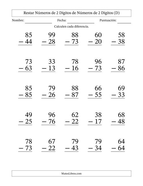 La hoja de ejercicios de Restar números de 2 dígitos de números de 2 dígitos, sin acarreo (25 preguntas) - Formato Grande (D)