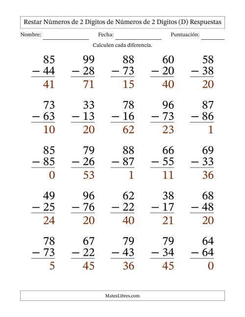 La hoja de ejercicios de Restar números de 2 dígitos de números de 2 dígitos, sin acarreo (25 preguntas) - Formato Grande (D) Página 2