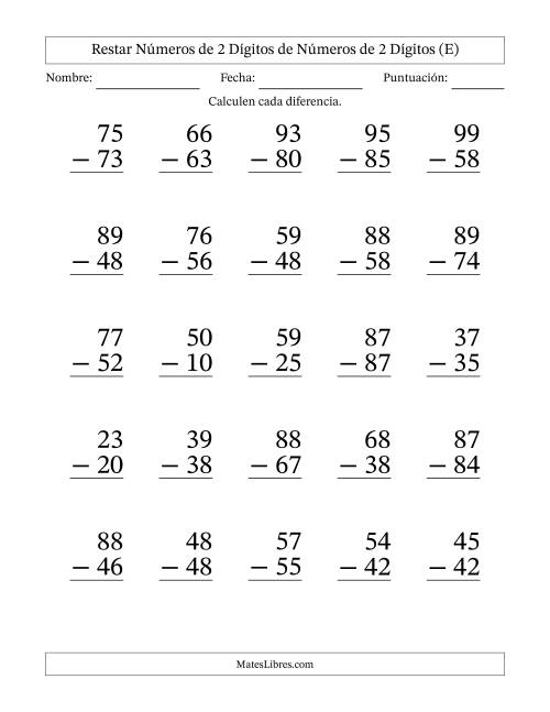 La hoja de ejercicios de Restar números de 2 dígitos de números de 2 dígitos, sin acarreo (25 preguntas) - Formato Grande (E)