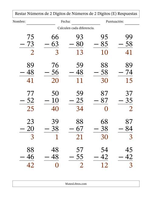 La hoja de ejercicios de Restar números de 2 dígitos de números de 2 dígitos, sin acarreo (25 preguntas) - Formato Grande (E) Página 2