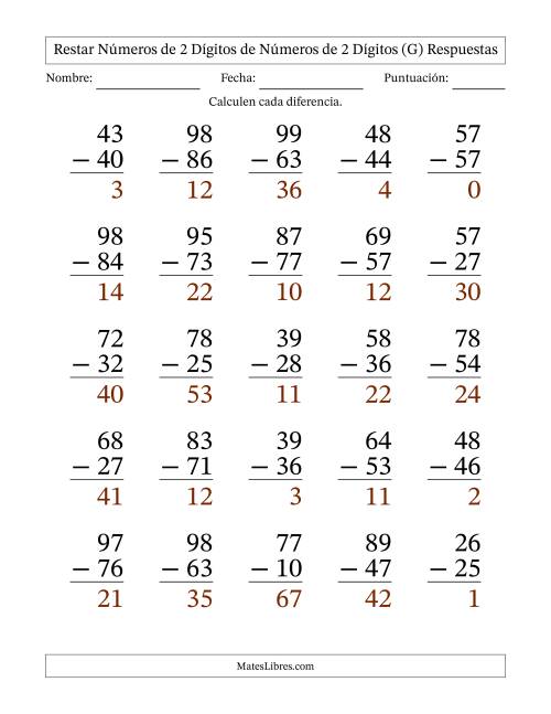 La hoja de ejercicios de Restar números de 2 dígitos de números de 2 dígitos, sin acarreo (25 preguntas) - Formato Grande (G) Página 2