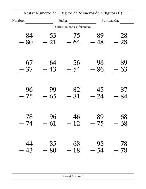 La hoja de ejercicios de Restar números de 2 dígitos de números de 2 dígitos, sin acarreo (25 preguntas) - Formato Grande (H)