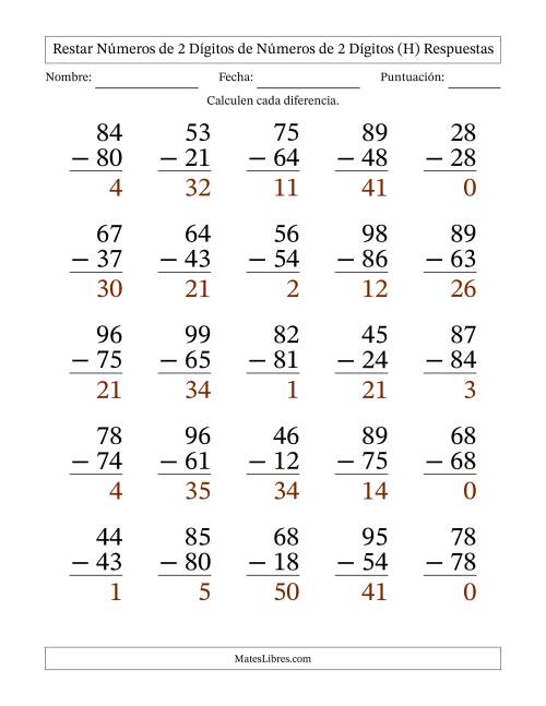 La hoja de ejercicios de Restar números de 2 dígitos de números de 2 dígitos, sin acarreo (25 preguntas) - Formato Grande (H) Página 2