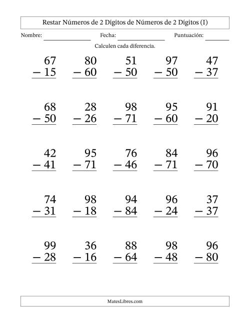 La hoja de ejercicios de Restar números de 2 dígitos de números de 2 dígitos, sin acarreo (25 preguntas) - Formato Grande (I)