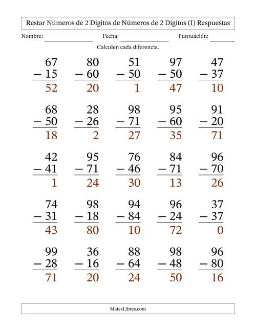 La hoja de ejercicios de Restar números de 2 dígitos de números de 2 dígitos, sin acarreo (25 preguntas) - Formato Grande (I) Página 2