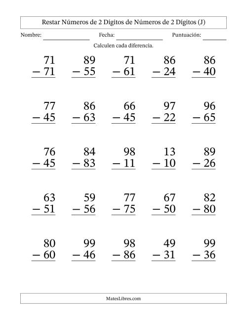 La hoja de ejercicios de Restar números de 2 dígitos de números de 2 dígitos, sin acarreo (25 preguntas) - Formato Grande (J)