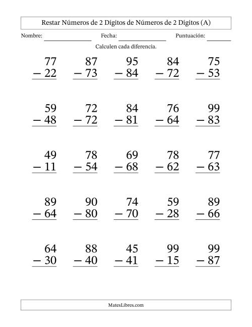 La hoja de ejercicios de Restar números de 2 dígitos de números de 2 dígitos, sin acarreo (25 preguntas) - Formato Grande (Todas)