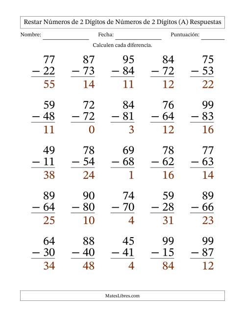 La hoja de ejercicios de Restar números de 2 dígitos de números de 2 dígitos, sin acarreo (25 preguntas) - Formato Grande (Todas) Página 2