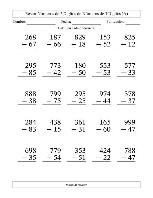 La hoja de ejercicios de Restar números de 2 dígitos de números de 3 dígitos, sin acarreo (25 preguntas) - Formato Grande (A)