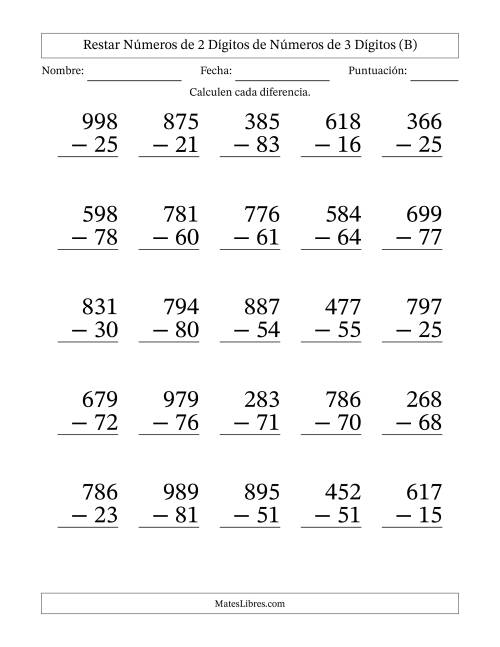 La hoja de ejercicios de Restar números de 2 dígitos de números de 3 dígitos, sin acarreo (25 preguntas) - Formato Grande (B)