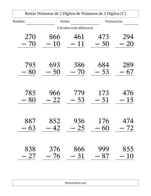 La hoja de ejercicios de Restar números de 2 dígitos de números de 3 dígitos, sin acarreo (25 preguntas) - Formato Grande (C)