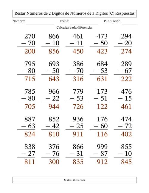 La hoja de ejercicios de Restar números de 2 dígitos de números de 3 dígitos, sin acarreo (25 preguntas) - Formato Grande (C) Página 2