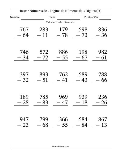 La hoja de ejercicios de Restar números de 2 dígitos de números de 3 dígitos, sin acarreo (25 preguntas) - Formato Grande (D)
