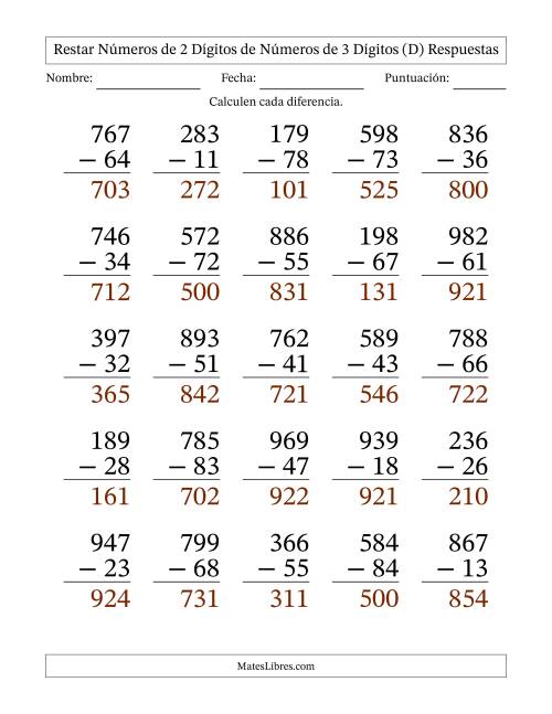 La hoja de ejercicios de Restar números de 2 dígitos de números de 3 dígitos, sin acarreo (25 preguntas) - Formato Grande (D) Página 2
