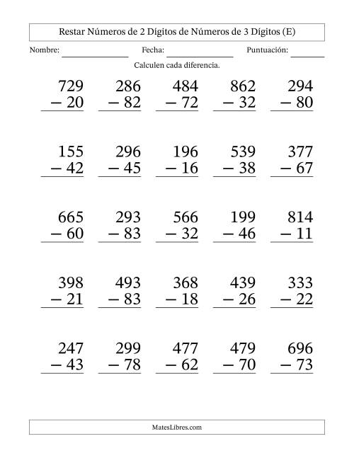 La hoja de ejercicios de Restar números de 2 dígitos de números de 3 dígitos, sin acarreo (25 preguntas) - Formato Grande (E)