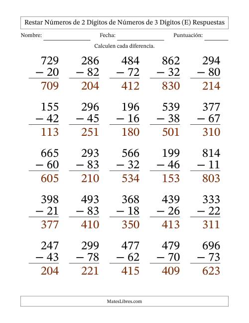 La hoja de ejercicios de Restar números de 2 dígitos de números de 3 dígitos, sin acarreo (25 preguntas) - Formato Grande (E) Página 2