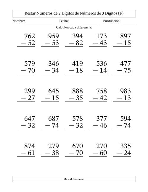 La hoja de ejercicios de Restar números de 2 dígitos de números de 3 dígitos, sin acarreo (25 preguntas) - Formato Grande (F)