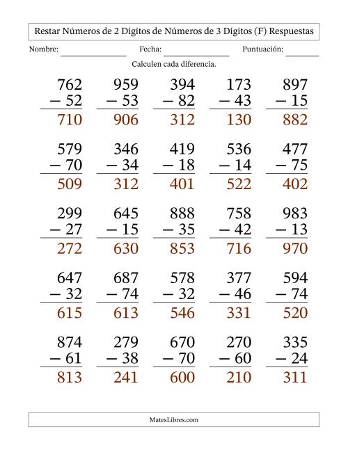 La hoja de ejercicios de Restar números de 2 dígitos de números de 3 dígitos, sin acarreo (25 preguntas) - Formato Grande (F) Página 2