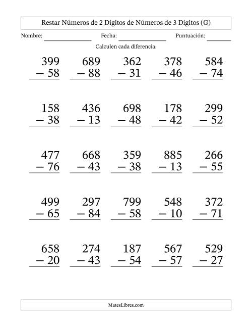 La hoja de ejercicios de Restar números de 2 dígitos de números de 3 dígitos, sin acarreo (25 preguntas) - Formato Grande (G)