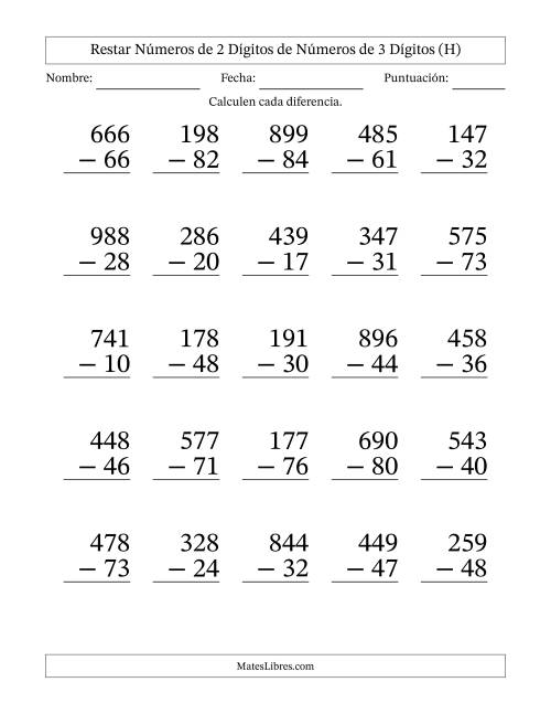 La hoja de ejercicios de Restar números de 2 dígitos de números de 3 dígitos, sin acarreo (25 preguntas) - Formato Grande (H)