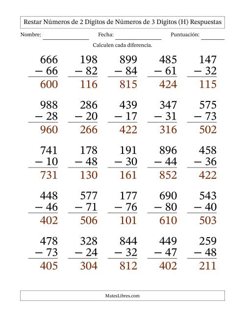La hoja de ejercicios de Restar números de 2 dígitos de números de 3 dígitos, sin acarreo (25 preguntas) - Formato Grande (H) Página 2