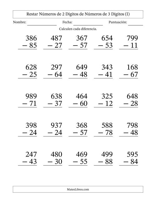 La hoja de ejercicios de Restar números de 2 dígitos de números de 3 dígitos, sin acarreo (25 preguntas) - Formato Grande (I)