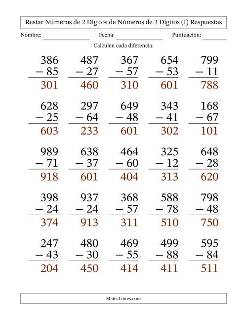La hoja de ejercicios de Restar números de 2 dígitos de números de 3 dígitos, sin acarreo (25 preguntas) - Formato Grande (I) Página 2
