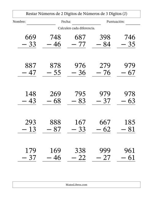 La hoja de ejercicios de Restar números de 2 dígitos de números de 3 dígitos, sin acarreo (25 preguntas) - Formato Grande (J)