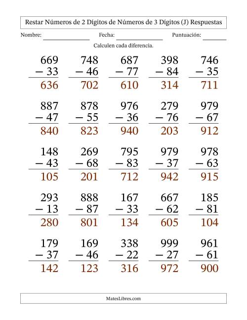 La hoja de ejercicios de Restar números de 2 dígitos de números de 3 dígitos, sin acarreo (25 preguntas) - Formato Grande (J) Página 2