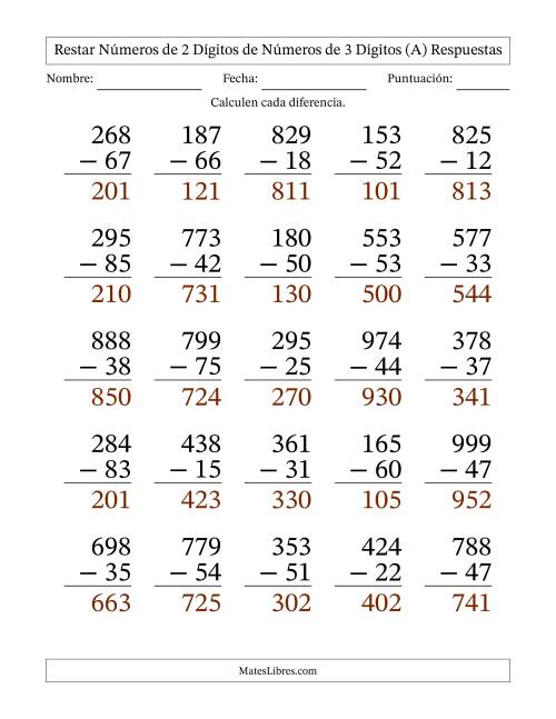 La hoja de ejercicios de Restar números de 2 dígitos de números de 3 dígitos, sin acarreo (25 preguntas) - Formato Grande (Todas) Página 2
