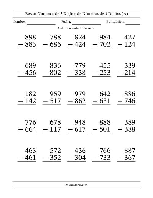 La hoja de ejercicios de Restar números de 3 dígitos de números de 3 dígitos, sin acarreo (25 preguntas) - Formato Grande (A)