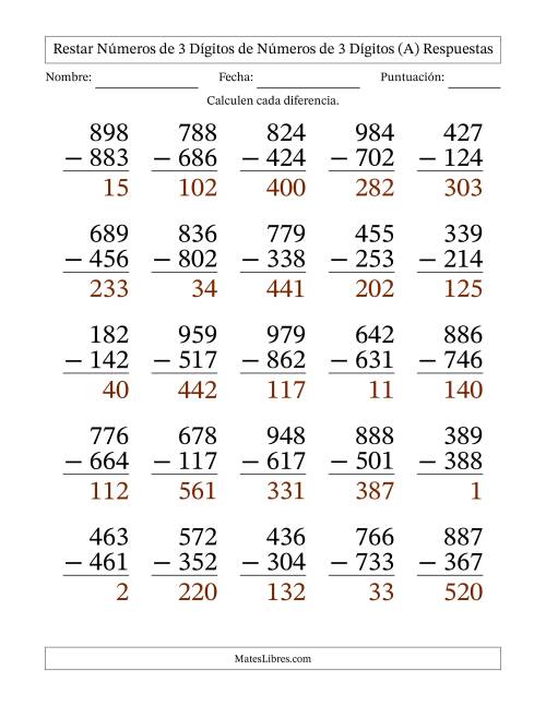 La hoja de ejercicios de Restar números de 3 dígitos de números de 3 dígitos, sin acarreo (25 preguntas) - Formato Grande (A) Página 2