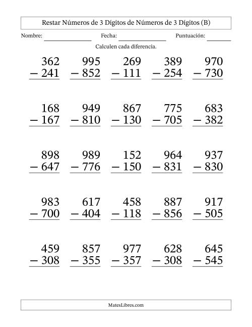 La hoja de ejercicios de Restar números de 3 dígitos de números de 3 dígitos, sin acarreo (25 preguntas) - Formato Grande (B)