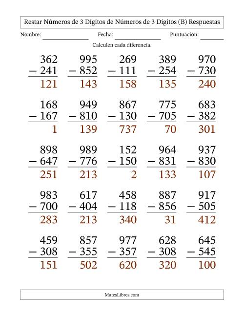La hoja de ejercicios de Restar números de 3 dígitos de números de 3 dígitos, sin acarreo (25 preguntas) - Formato Grande (B) Página 2