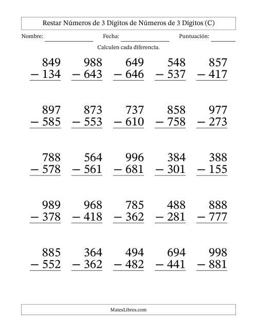 La hoja de ejercicios de Restar números de 3 dígitos de números de 3 dígitos, sin acarreo (25 preguntas) - Formato Grande (C)