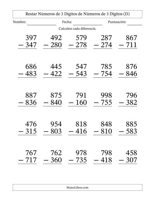 La hoja de ejercicios de Restar números de 3 dígitos de números de 3 dígitos, sin acarreo (25 preguntas) - Formato Grande (D)