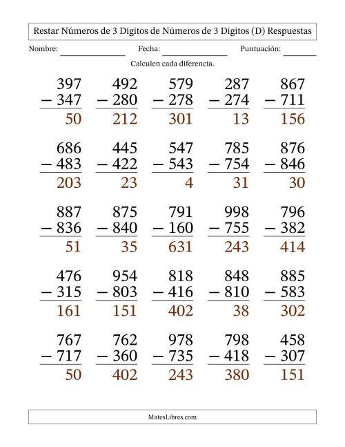 La hoja de ejercicios de Restar números de 3 dígitos de números de 3 dígitos, sin acarreo (25 preguntas) - Formato Grande (D) Página 2
