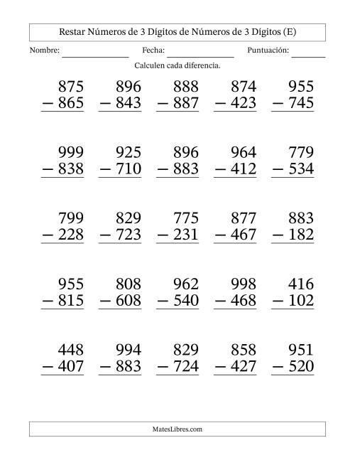 La hoja de ejercicios de Restar números de 3 dígitos de números de 3 dígitos, sin acarreo (25 preguntas) - Formato Grande (E)