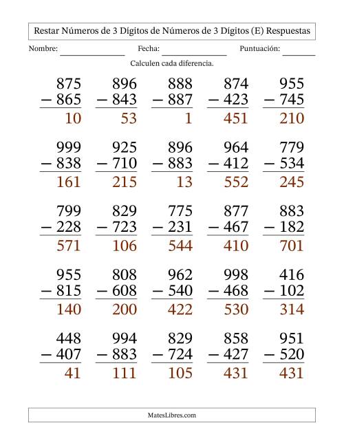 La hoja de ejercicios de Restar números de 3 dígitos de números de 3 dígitos, sin acarreo (25 preguntas) - Formato Grande (E) Página 2