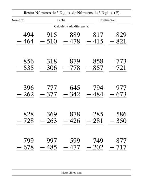 La hoja de ejercicios de Restar números de 3 dígitos de números de 3 dígitos, sin acarreo (25 preguntas) - Formato Grande (F)