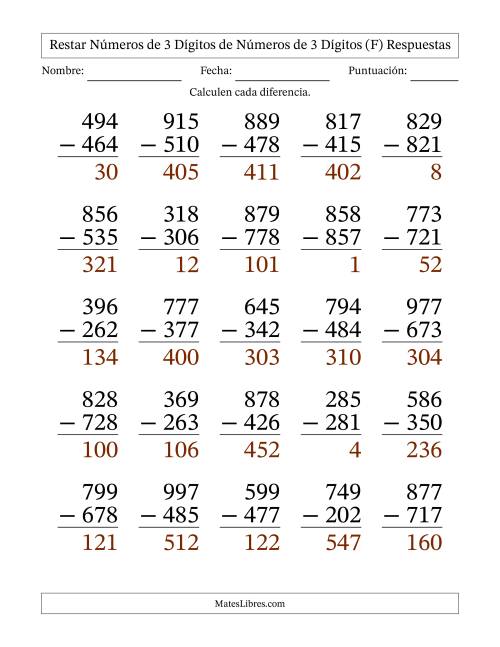 La hoja de ejercicios de Restar números de 3 dígitos de números de 3 dígitos, sin acarreo (25 preguntas) - Formato Grande (F) Página 2