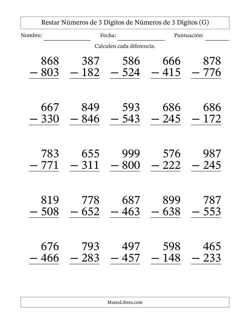 La hoja de ejercicios de Restar números de 3 dígitos de números de 3 dígitos, sin acarreo (25 preguntas) - Formato Grande (G)